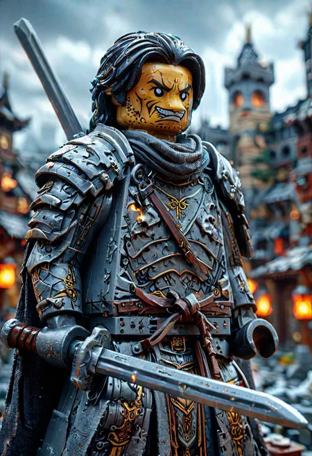 Close up shot of a armored Ninja tiger Lego warrior, Holding katana, wearing torned linen clothes and a used weathered old armor beneath, DARK feudal city background, Lknight, HD, masterpiece, best quality, hyper detailed, ultra detailed, super realistic