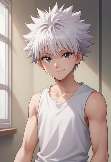 score_9, score_8_up, score_7_up, source_anime, highly detailed,
killuazoldick, 1boy, solo, male focus, white hair, spiked hair, upper body, smile, sleeveless, shirt, closed mouth, looking at viewer,
standing, tank top, short hair,
indoor,