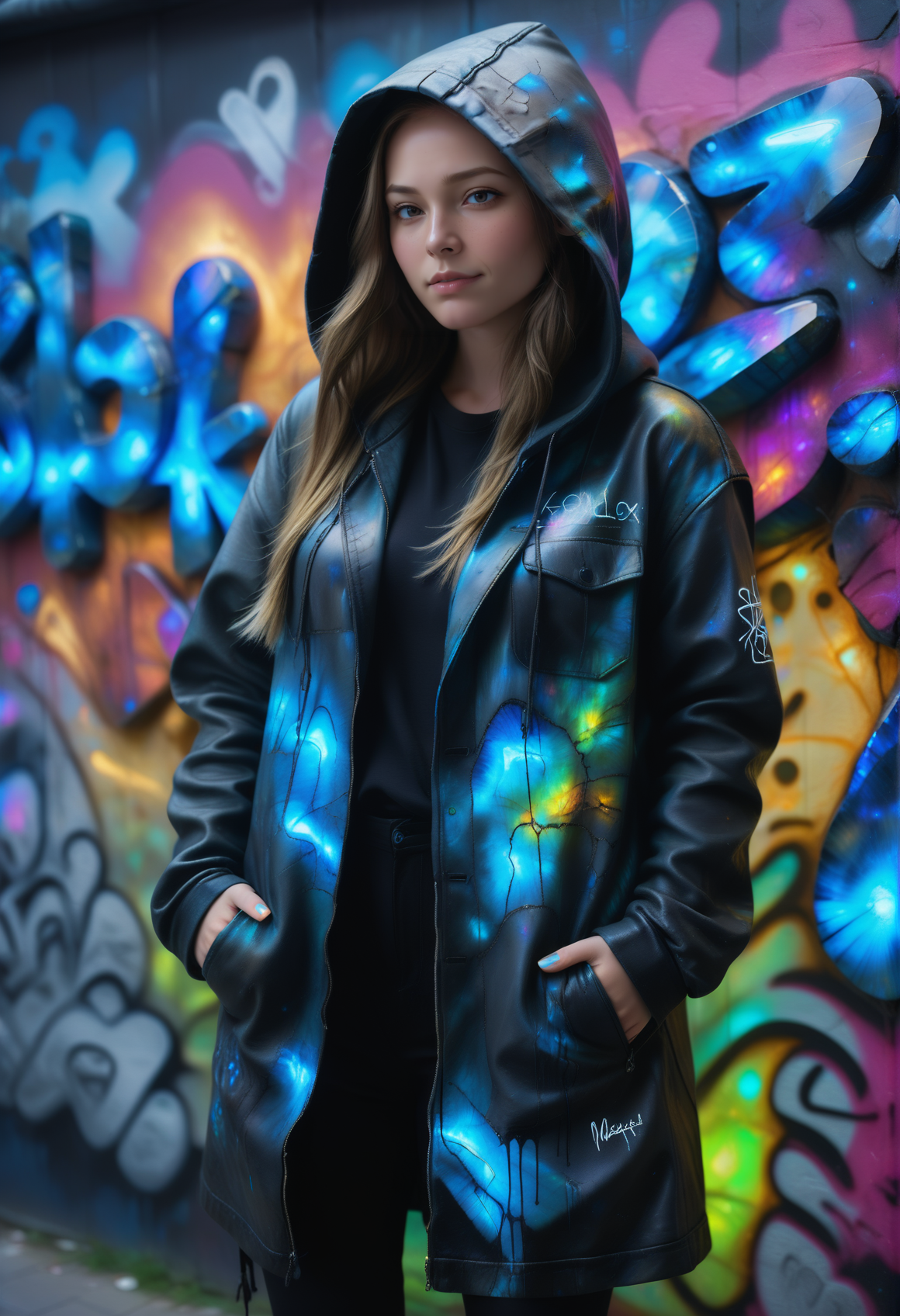 ((background and fashion made out of reij-lmlbrdrt, <lora:LumiLabradorit:1>)), oversizes shirt painted with graffiti street art fashion style, black long leather coat with hoodie, , , upper body,, posing cheekily, (((masterpiece))) , (((best quality))) , 2d, (adorable 1girl, solo:1.3), posing cheekily in front of a graffiti wall, 1woman, soft freckles, long hair, open hair