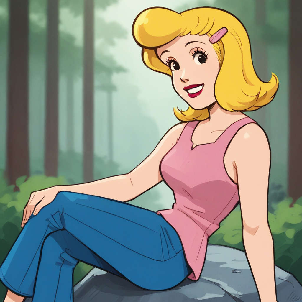 score_9_up, score_8_up, BREAK, CookieBumstead, 1girl, solo, blonde hair, short hair, black eyes, hairclip, lipstick, pink tank top, blue pants, <lora:CookieBumstead_Blondie_PXL_Leaf2:1>, smile, forest, sitting on rock,