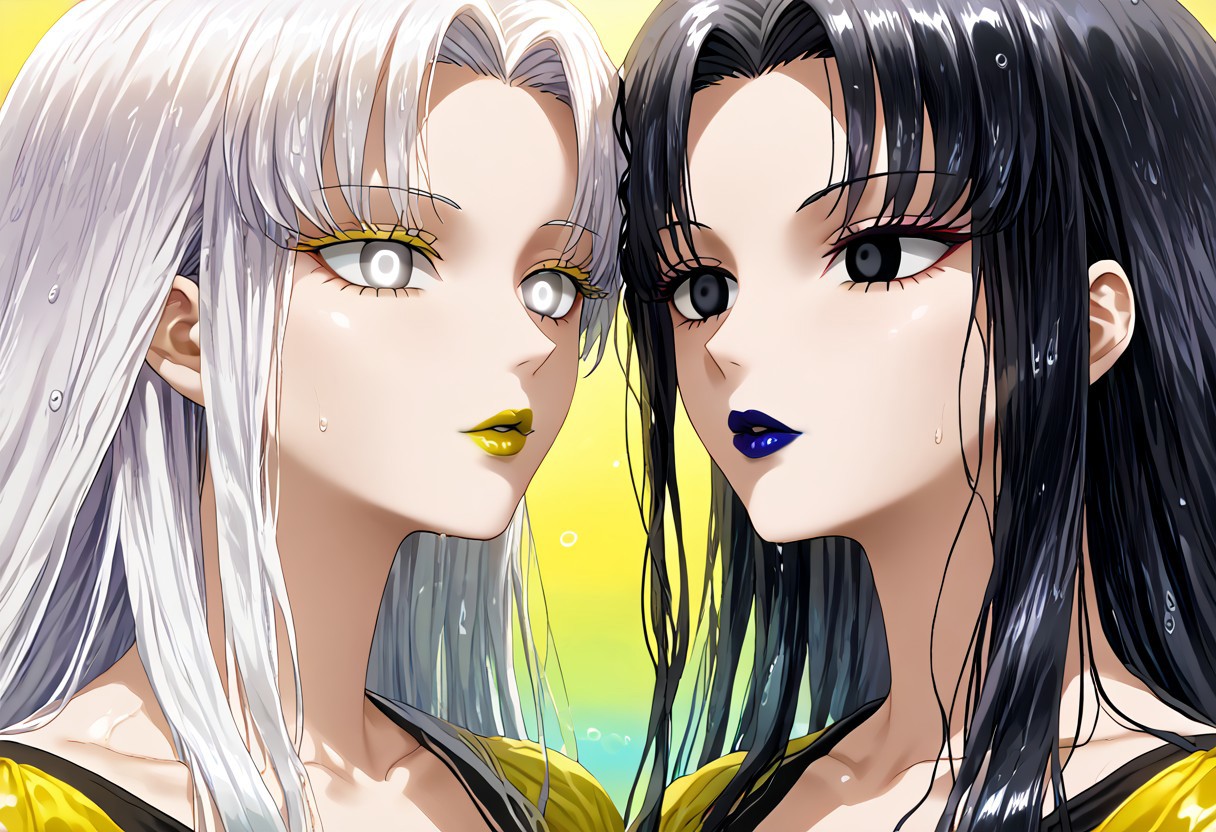 anime, empty eyes, hypnotized, lipstick, black lipstick, green lipstick, blue lipstick, yellow lipstick, red lipstick, purple lipstick, colorful lips, glossy lips, wet lips, two females, adult, casual dress, long hair, black hair, white hair, black eyes, white eyes, twins, close up, kiss, kissing