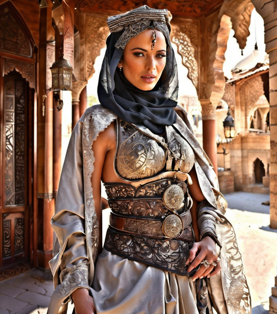 RAW photo, (masterpiece:1.3), subsurface scattering, heavy shadow, (high quality:1.4), (intricate, high detail:1.2), professional photography, HDR, High Dynamic Range, realistic, ultra realistic, photorealistic, high resolution, film photography, ambient lighting, atmospheric effects, <lora:detail_slider_v4:2>, OverallDetail,  Shalina, <lora:Shalina-10:1>, as female tuareg warrior, wearing intricate arabian robes and armor and a veil that covers the face, belt, arar, <lora:ArabianArmor-10:0.7>, in a street with arabian houses, arto, <lora:ArabianTown-10:0.8>,  <lora:cleavage:-1>, ((perfect hands)), epiCPhoto