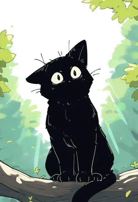 chii-kun \(seedyoulater\), naguru \(cyoroama\),
very awa, masterpiece, highres, absurdres, newest, year 2024, year 2023,
(cat:1.2), black cat, (no humans:1.1), scared, paws, fur, (cute:1.2), comfy, solo, scared, surprised,
tree branches, OO,
day, sunlight, sunrays,
<lora:TA_trained:0.75>, <lora:ponyv4_noob1_2_adamW-000017:0.33>, <lora:shiroski:0.75>,