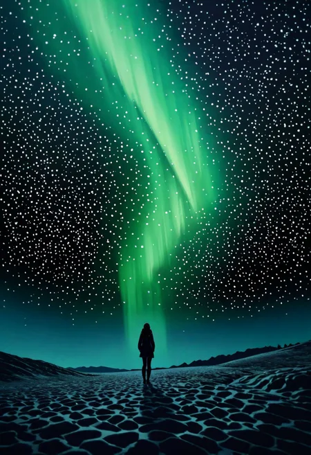 Pointillism style (((masterpiece))),(best quality),4K masterpiece,((ultra-detailed)),highly detailed,detailed shadow,
gold northern lights,closeup of sky, vibrant, highly detailed,1 girl