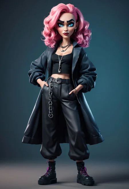 A captivating 3D render of a quirky and adorable claymation woman character. She sports a black gothic girly halter top a large coat, black, baggy very black pants, and chains and necklaces. Her pink hair is reminiscent of a cubist style, with blue eyes that sparkle with personality. The woman stands with a confident posture The overall vibe of the illustration is angry confident, stylish, vibrant, a dash of whimsy. Glaring posing model glossy cool girl, illustration, 3d render, poster, fashion, graffiti