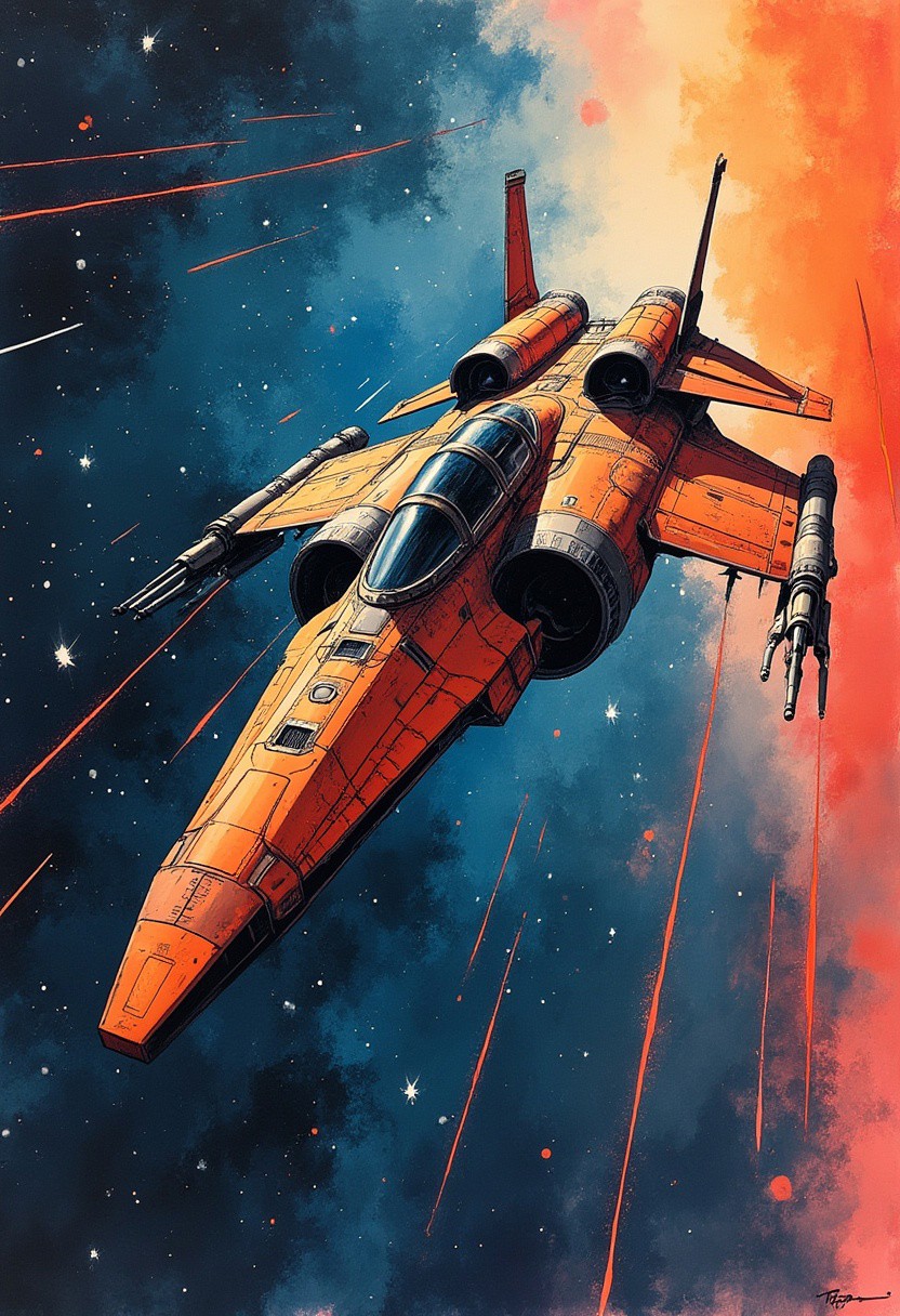 ink wash painting, intricate linework with expressive contrasts, gradient vibrant neon colour, rough, textural, broad brush strokes, a sleek variable fighter spaceship traversing interstellar space, detailed night sky with stars and nebulas