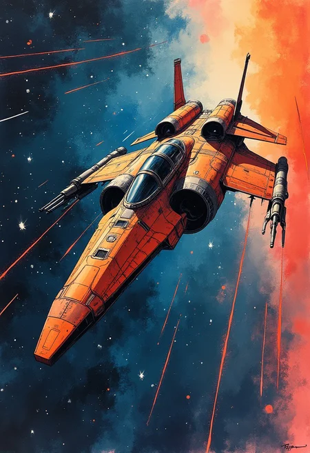 ink wash painting, intricate linework with expressive contrasts, gradient vibrant neon colour, rough, textural, broad brush strokes, a sleek variable fighter spaceship traversing interstellar space, detailed night sky with stars and nebulas