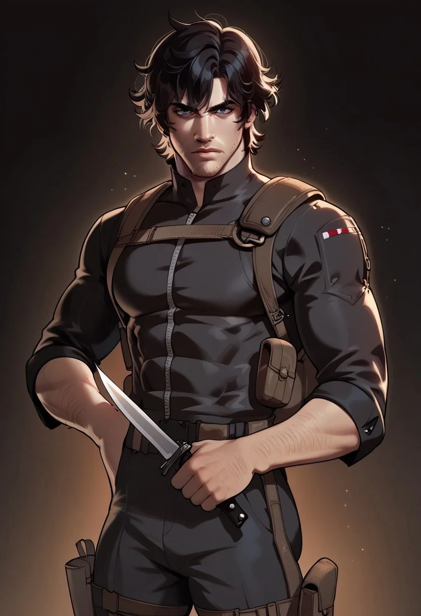 (score_9,score_8_up,score_7_up,score_6_up,score_5_up,score_4_up), tacticalgear,

1boy, marcosoliveira, long black hair, straight hair, wolf cut hair, dark blue eyes, stubble, cowboy shot, solo, looking_at_viewer, strong body, 1boy, solo, male focus, serious, closed lips, tired look, muscular male,

black shirt, shoulder gun holster, holding combat knife, reverse grip. dynamic position, 


dark background, night,
 Expressiveh
