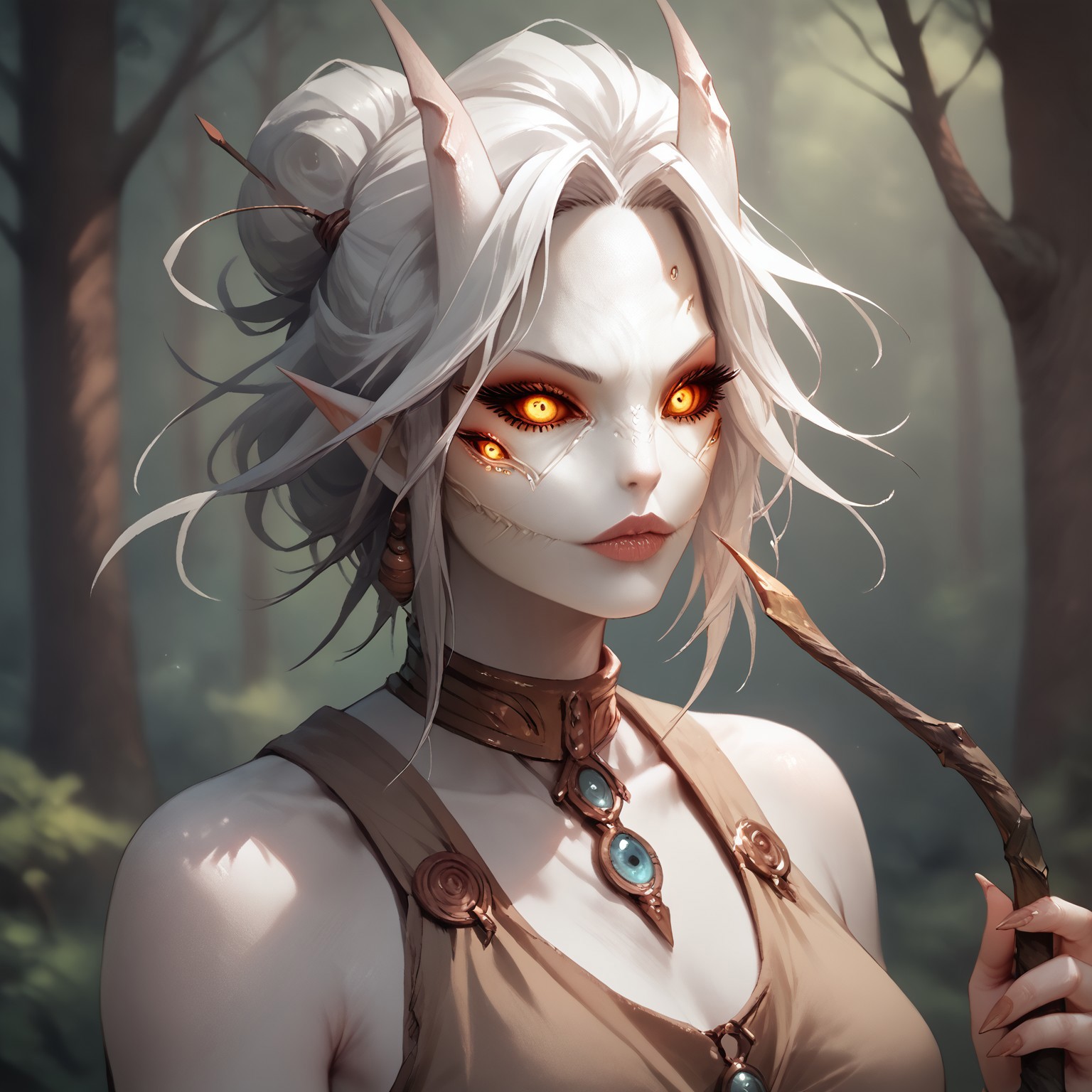 safe_pos, ,score_9, score_8_up, score_7_up, breasts, druid clothes, detailed face, high quality, Zamite, four eyes, horns, druid clothes, holding druid staff, Expressiveh,  solo, white skin, forest, dynamic pose, mythp0rt