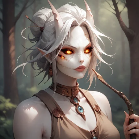safe_pos, ,score_9, score_8_up, score_7_up, breasts, druid clothes, detailed face, high quality, Zamite, four eyes, horns, druid clothes, holding druid staff, Expressiveh, solo, white skin, forest, dynamic pose, mythp0rt