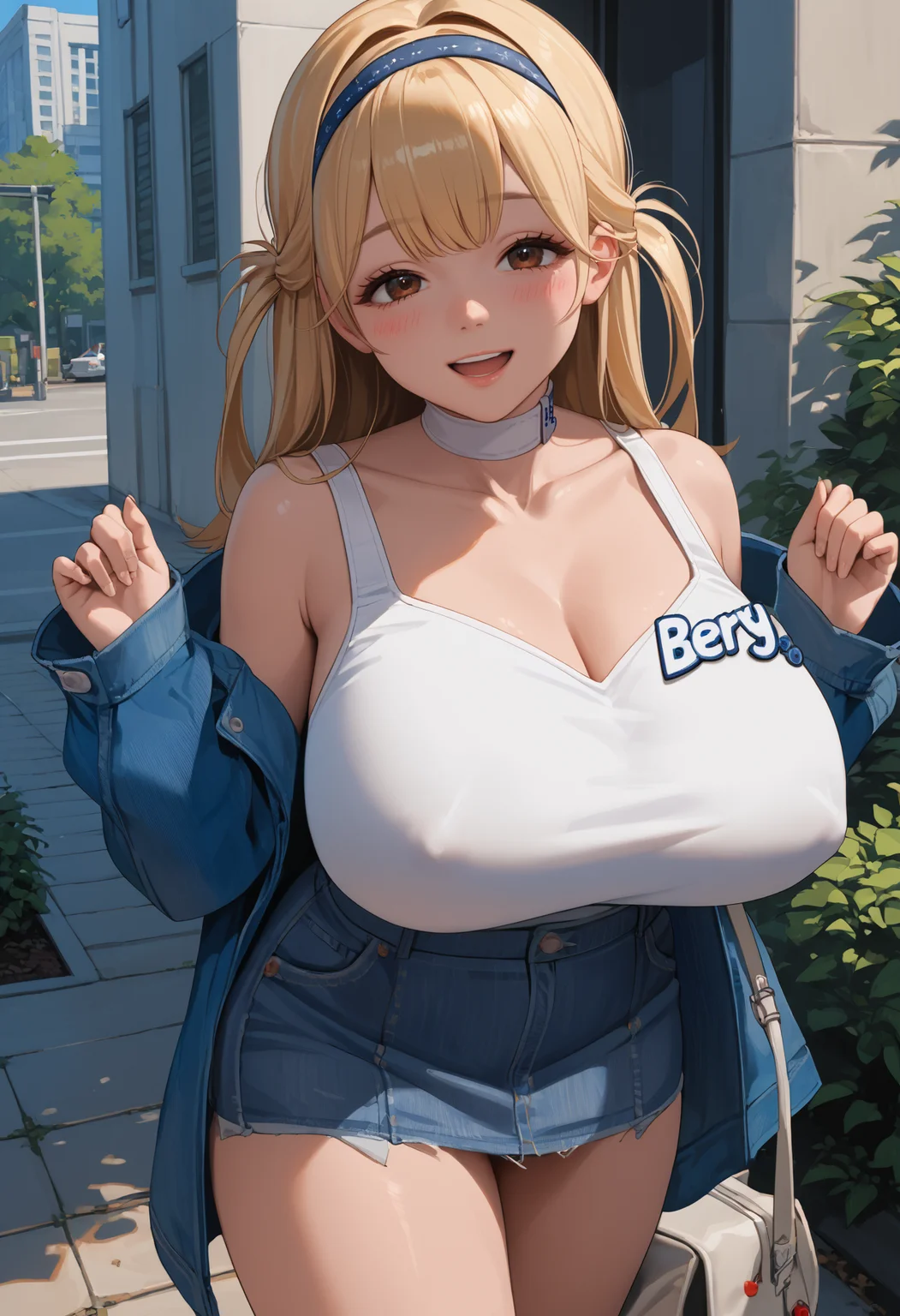 score_9, score_8_up, score_7_up, source_anime BREAK 1girl, solo, <lora:tia-nikke-richy-v2_pdxl:0.9> tiadate, brown eyes, blonde hair, long hair, hair band, white choker, huge breasts, cleavage, white tank top, badge, blue jacket, long sleeves, denim skirt, shoulder bag, smile, looking at viewer, blush, open mouth, thighs, covered nipples, outdoors, standing, off shoulder, bare shoulders, collarbone