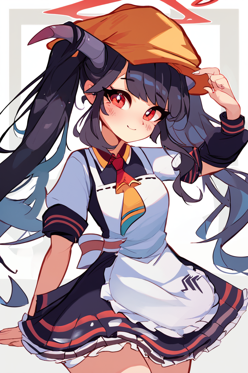 score_9, score_8_up, score_8, medium breasts, (curvy), cute, eyelashes,       BREAK, , ,,, zzFuuka, red eyes, black hair, long hair, horns, halo, demon horns, twintails black dress, white apron, frilled apron,  orange headwear, school uniform, necktie,  <lora:Fuuka_BlueArchive_PDXL:0.8>,   ,,,, BREAK, smile, looking at viewer, cowboy shot, ,,, embedding:zPDXL, <lora:DiivesP1:0.7>,