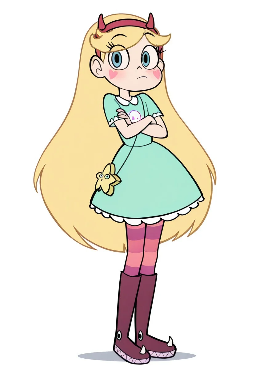 anime coloring,
starbutterfly, 1girl, blonde hair, horned headwear, hairband, long hair, solo, heart, blue eyes, facial mark, very long hair,teal dress,striped pantyhose,boots, blush
Solo, pose, looking at viewer, white background, simple background, masterpiece, best quality, amazing quality, intricate ditails, uncensored , sexual attitude, flirt ambiance
Standing