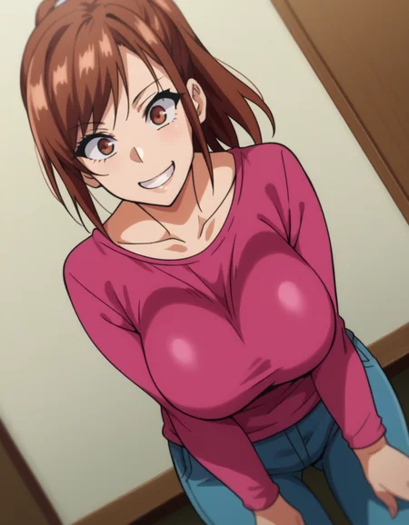 score_9, score_8_up, score_7_up, source_anime,
hisatoazuma, <lora:hisato-azuma-ova-ponyxl-lora-nochekaiser:1>,
hisato azuma, brown hair, brown eyes, large breasts,
shirt, ponytail, pink shirt, long sleeves, collarbone, pants, denim,
indoors, bent over, smile,
looking at viewer, cowboy shot, solo, dutch angle,