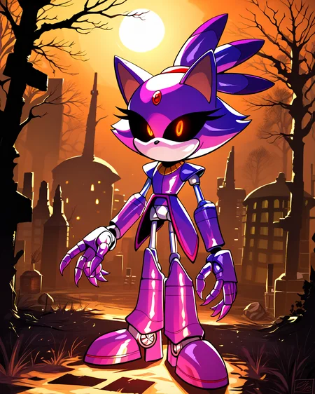 score_9, score_8_up, solo, Blaze the cat, glowing eyes, black sclera, robot, metal skin, shiny skin, no mouth, outdoors, robot joints, night, (dark lighting), (horror theme), apocalyptic, <lora:Robotization_Pony:0.7>, score_9, score_8_up,