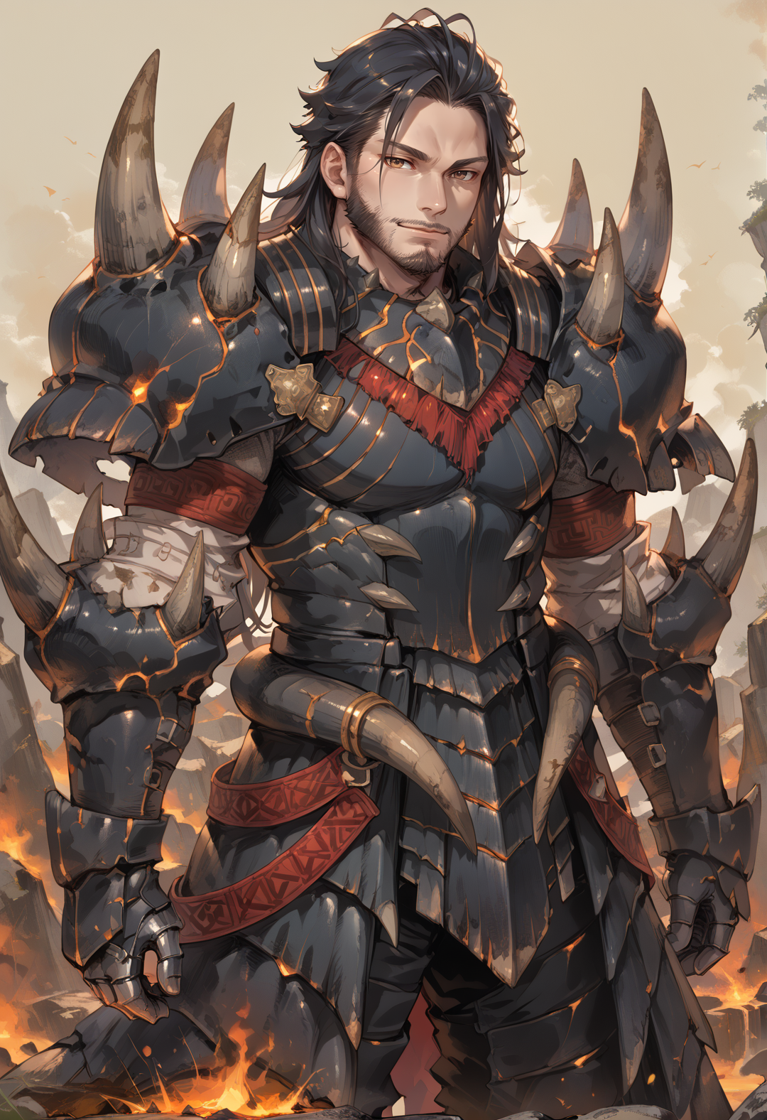 (score_9:0.9),score_8_up,score_7_up,rating_safe,anime style,(zPDXL),<lora:Akantor armor - male ponyXL v1:0.8>,akantor armor,solo,1boy,male focus,black shoulder armor,black gauntlets,brown eyes,looking at viewer,molten rock,muscular,mature male,beard,black hair,long hair,