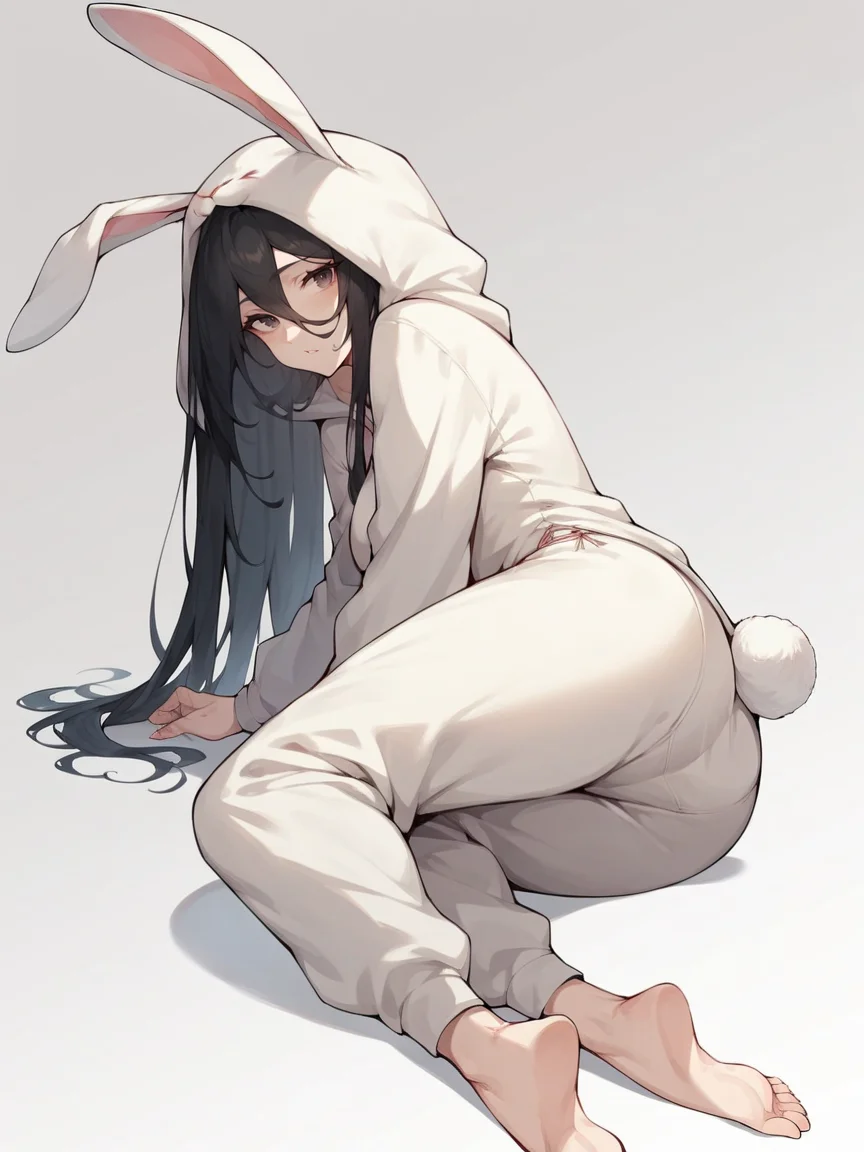 score_9, score_8_up, score_7_up, score_6_up, score_5_up,  <lora:RabbitonesieXLP:1> rabbit onesie, rabbit costume, rabbit ears, hood, barefoot, rabbit tail, solo, 1girl, curvy, long hair, black hair, pajamas,