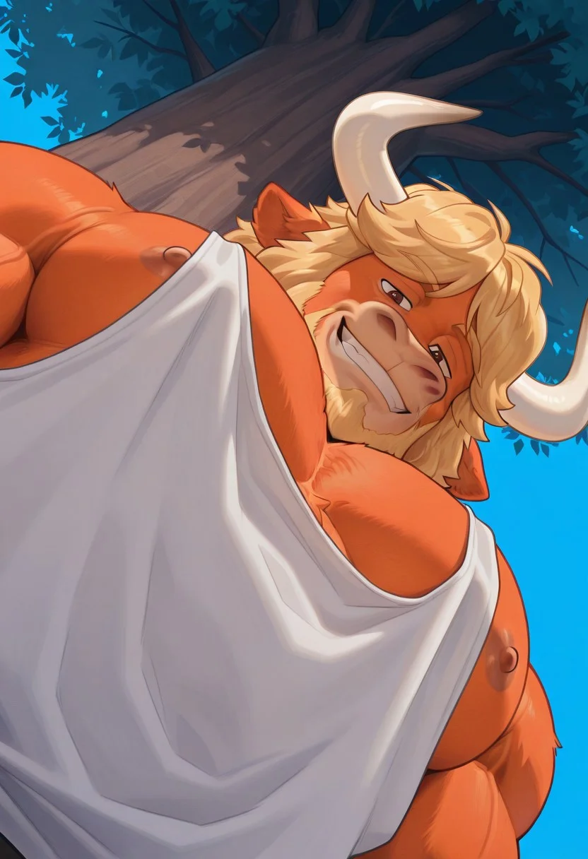 solo, 1 boy, male focus, bara, muscular, furry, Darius (Sing), yak, reddish-orange fur, white horns, black tips, blonde hair, beard, facial hair, brown eyes, white tank top, smug, sexy smile, grin, perfect anatomy, masterpiece, perfect quality, best quality, detailed, newest, very aesthetic, detailed muscle, muscular, big pecs, Thick Pecs, juicy pecs, hyper Pecs, detailed muscle, leaning against tree, Closer against tree, outdoors, grassy, dutch angle, perfect anatomy, pec pov \(meme\), 1boy, solo, male focus, mature male, looking at viewer, looking down, from below, upper body, close-up, nipples, nipple slip, large pectorals, pectoral focus, sidepec, tank top, white tank top, muscular, muscular male, bara, simple background,