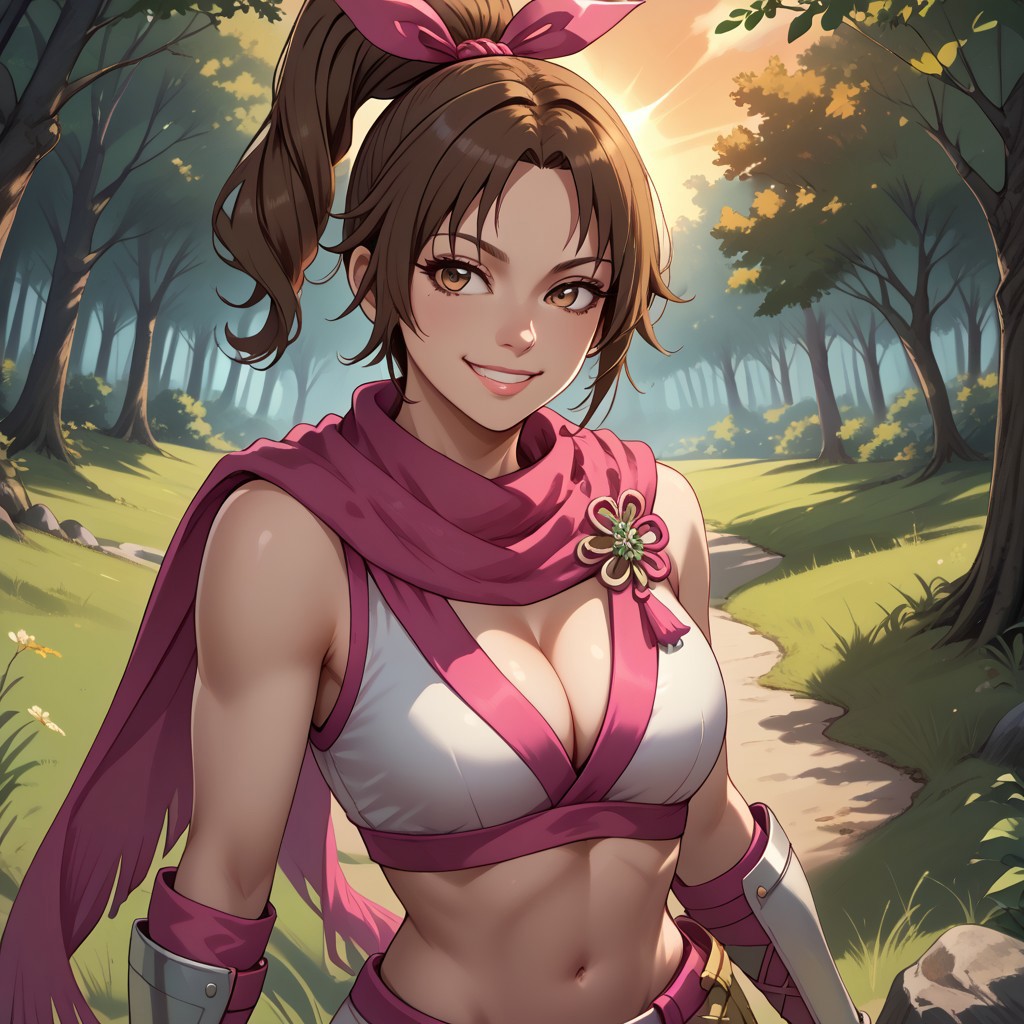 score_9, score_8, BREAK, solo, Kunoichi, brown hair, ponytail, hair ribbon, pink ribbons, brown eyes, pink scarf, midriff, navel, cleavage, white crop top, pink gloves, white bracers, white shorts, white shin guards, pink thigh highs, toeless sandals, bare shoulders, sexy pose, self portrait, smile, outdoors, sunlight, shadows, evening lighting, natural lighting, forest, trees, grass, orange sky, sunset