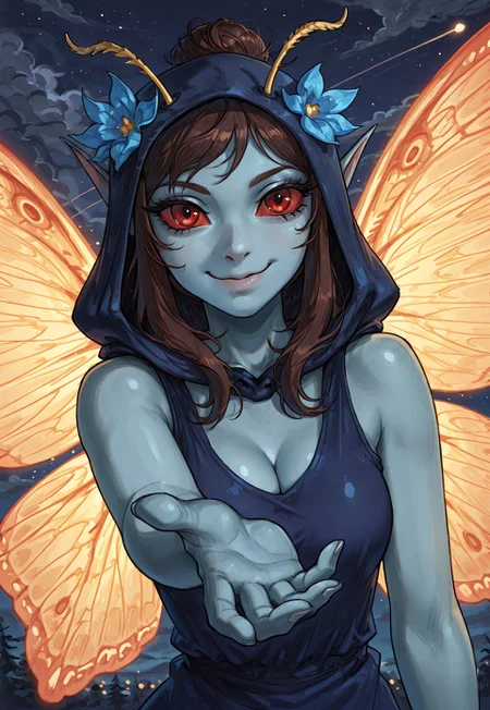 score_9, score_8_up, score_7_up, (solo), sfw, ITMStyle
BREAK 1girl, azura gg as moth, night sky, (in the sky:1.2), grey skin, pointy ears, red eyes, red sclera, brown hair, long sidelocks, hair bun, wings, glowing wings, beautiful astral wings, antennae, hair flower, floating,
BREAK upper body, face close up, ((reaching towards viewer:1.2)), warm smile, blue dress, sleeveless, cleavage, hooded dress, hood up, extremely detailed, night, darkness, cinematic soft lighting, sharp focus, extremely detailed, high detail, (dynamic pose, dynamic angle:1.5),
BREAK detailed eyes, detailed hair, depth of field, photorealistic details