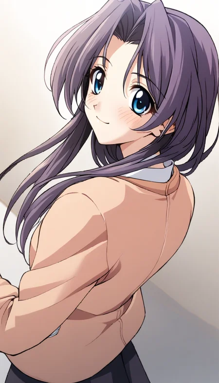1girl,koyomi, peach jacket, jacketkoyomi,masterpiece,best quality,solo,very aesthetic,absurdres,game cg,simple background,white background,cowboy shot,upper body,close up,smile,looking at viewer,(illustration:1.2),(extremely fine and beautiful),(perfect details),(unity CG 8K wallpaper:1.05),(ray tracing),(beautiful and clear background:1.25),(depth of field:0.6),(beautiful face:1.2),<lora:MemoriesOffDuetAIOXL-000006:0.8>,from side,blush,