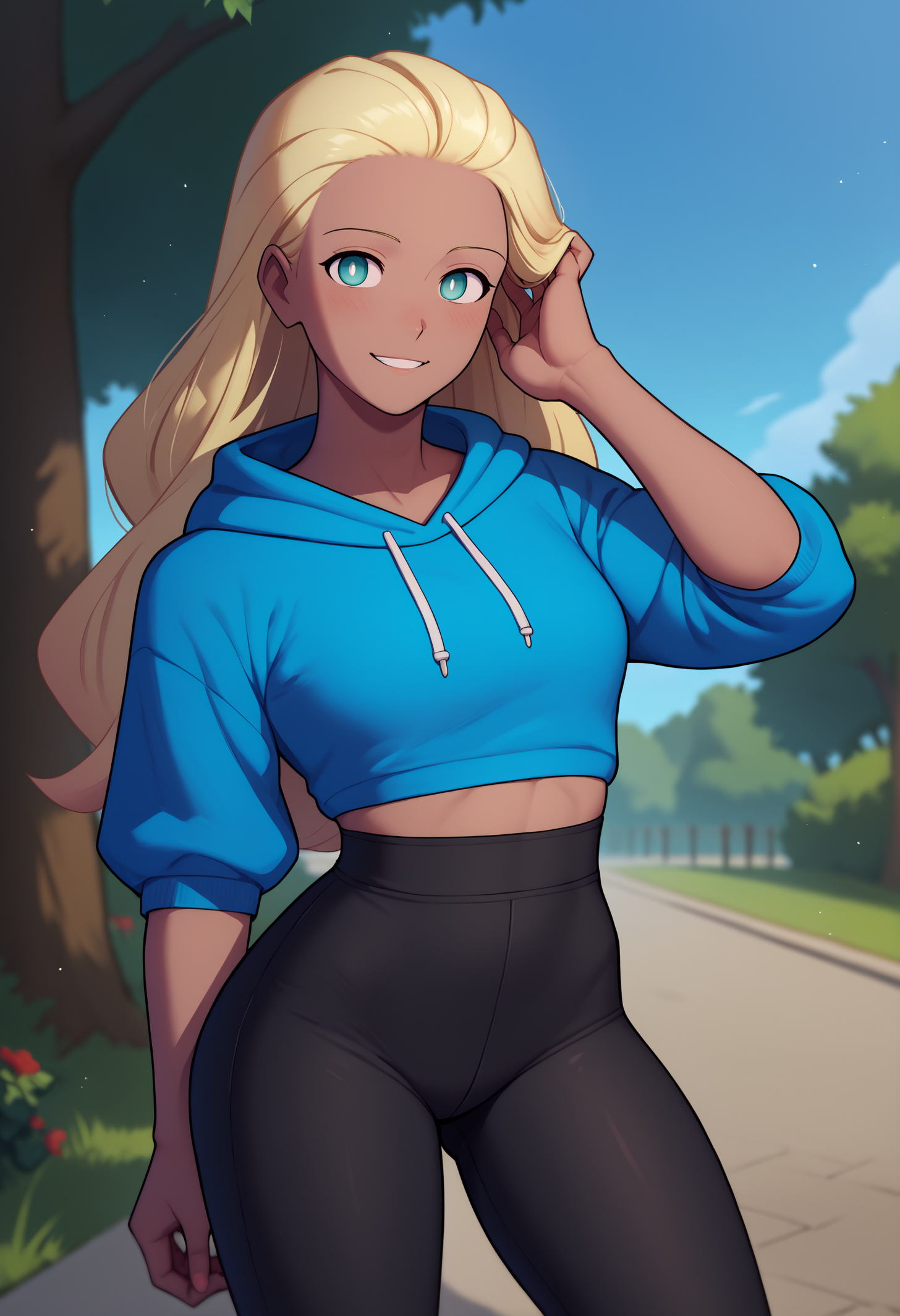 score_9, score_8_up, score_7_up, BREAK 1girl, solo, HaruSW, aqua eyes, white pupils, tan, aqua eyes, tan, long hair, blonde hair, <lora:HaruVisionsPDXL_V1-Manityro-CAME:1.0>, outdoors, park,
looking at viewer, light blush, smile, hand in hair,
blue hoodie, high-waist pants, yoga pants, black pants,