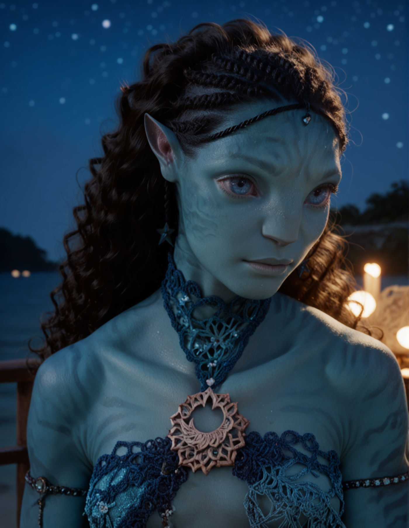 1girl, blue skin, blue eyes, beautiful, dark ambience, at night, stars, pointy ears, curly hair <lora:Tsireya:0.9> tsireya, score_9, score_8_up, score_7_up, score_6_up, (ultra sharp focus)