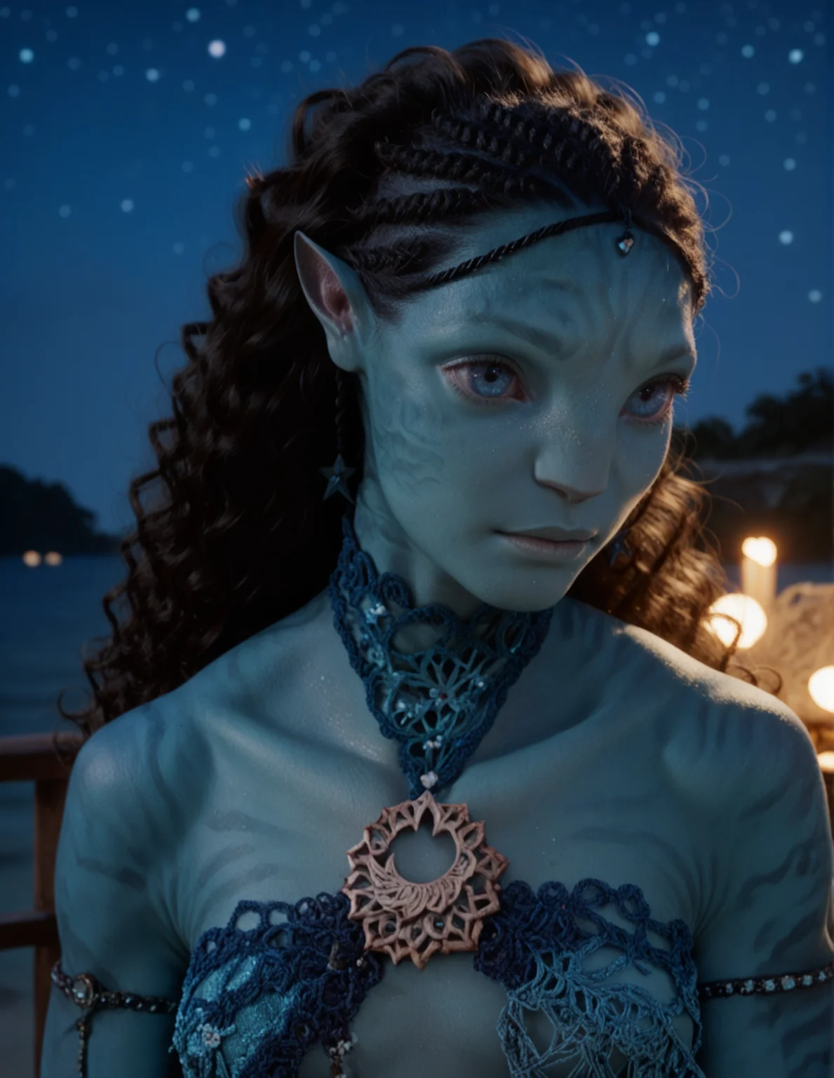 1girl, blue skin, blue eyes, beautiful, dark ambience, at night, stars, pointy ears, curly hair <lora:Tsireya:0.9> tsireya, score_9, score_8_up, score_7_up, score_6_up, (ultra sharp focus)