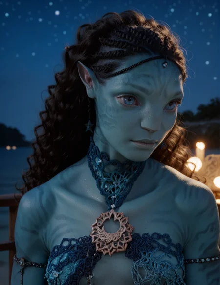 1girl, blue skin, blue eyes, beautiful, dark ambience, at night, stars, pointy ears, curly hair <lora:Tsireya:0.9> tsireya, score_9, score_8_up, score_7_up, score_6_up, (ultra sharp focus)