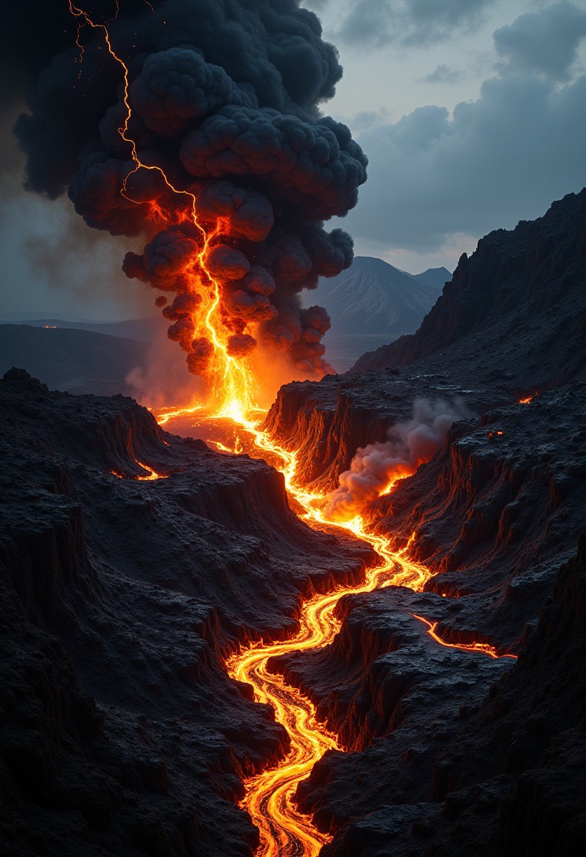 masterpiece, highest definition, HD32K, wallpaper, crisp lines, double exposure background, hyperdetailed, concept art, BREAK
vivid, violent landscape of lava and ruin, volcanic eruptions, smoke, black clouds, dramatic lighting