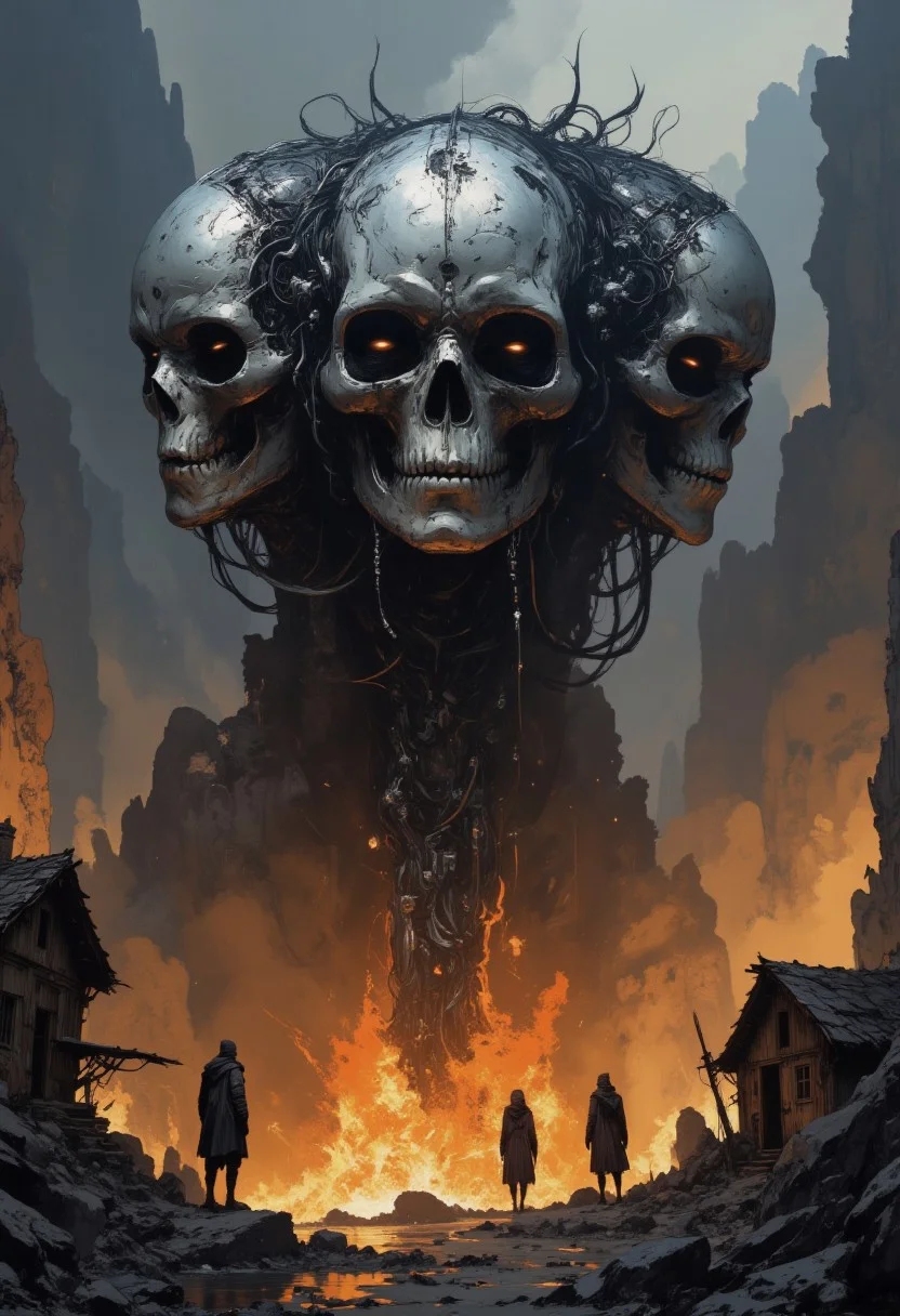 ray tracing,realistic,depth of field,subsurface scattering,((three-headed harbinger of doom, three faces, silver masks)), dark energy, tendrils of dark energy, dust,photo realistic,volumetric lighting,cinematic lighting,highly detailed,masterpiece,best quality,ultra-detailed,high res,extreme size difference,destroying village,