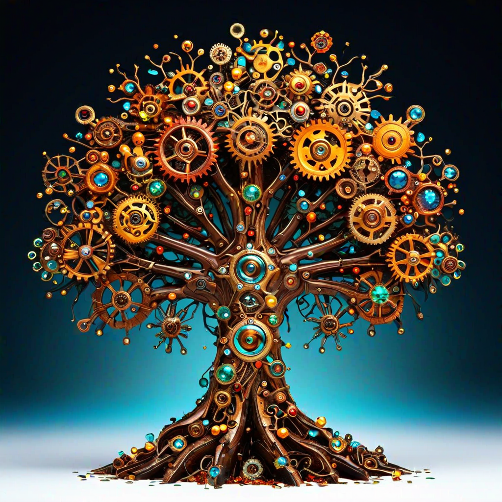 sfw,  dynamic splashes, bright colors, high contrast,  a cybernetic tree made of roast gears bejeweled , hyperdetailed, photorealistic,<lora:challenge\gearstyle-000001.safetensors:0.8500000000000002:0.8500000000000002>