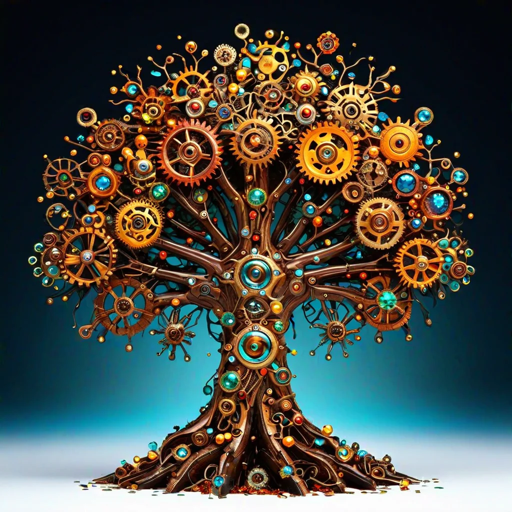 sfw,  dynamic splashes, bright colors, high contrast,  a cybernetic tree made of roast gears bejeweled , hyperdetailed, photorealistic,<lora:challenge\gearstyle-000001.safetensors:0.8500000000000002:0.8500000000000002>