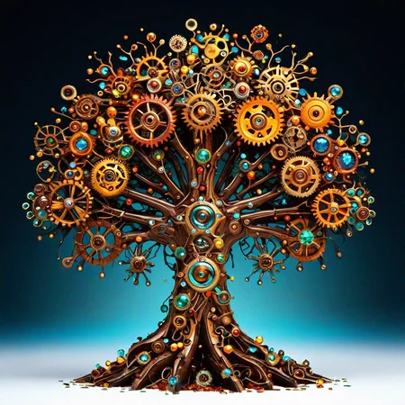 sfw, dynamic splashes, bright colors, high contrast, a cybernetic tree made of roast gears bejeweled , hyperdetailed, photorealistic,<lora:challenge\gearstyle-000001.safetensors:0.8500000000000002:0.8500000000000002>