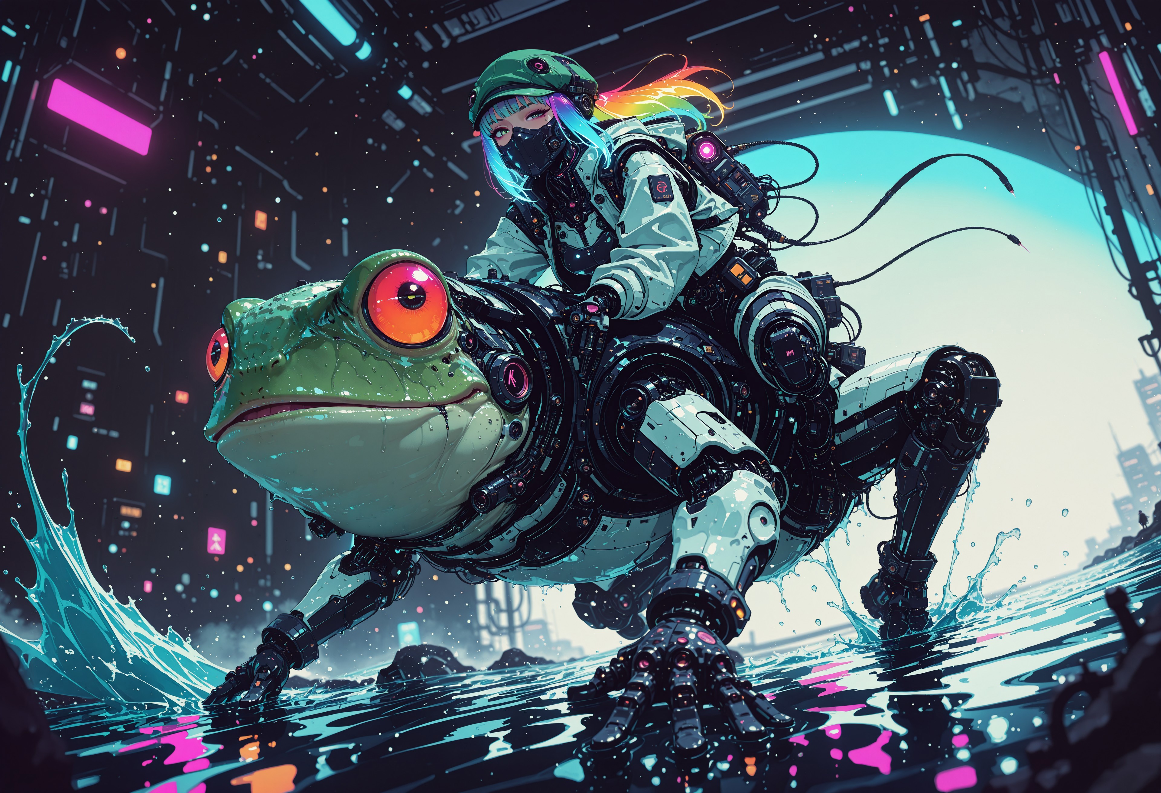 <lora:ck-nc-cyberpunk-IL-000011:0.60>,  masterpiece, best quality, good quality, very aesthetic, absurdres, newest, 8K, depth of field, focused subject, dynamic angle, side view, dynamic shot, extreme perspective, action shot, wabi sabi android woman, rainbow hair, glowing hair, cute simplistic green frog hat with frog eyes on it, white ceramic armor,  detailed eyes,  gazing at viewer, clean visible face,perched on top of giant frog, their face mask is open, one eye has mechanical enhancements, servos, wires, exposed circuits, skin, lillypads, action scene, jumping through water, bioluminescent lillypads,, Sci-fi anime movie (style by George Shaw),shallow depth of field, vignette, (Fujicolor Superia X-TRA 400) , (bioluminecent glow:0.8),
in the style of cknc,
<lora:MoriiMee_Gothic_Niji_Style_Illustrious_r1:0.5>
<lora:ck-neon-retrowave-IL:0.85>
<lora:ck-shadow-circuit-IL:0.35>