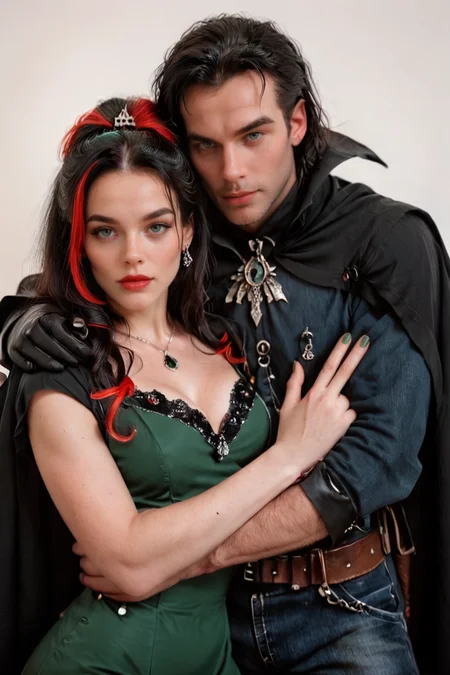 hires digital photo, photorealism, simple white background, upper body, v0nc4rst31n_couple, vl4d_v0nc4rst31n male wearing black cloak and pants looking at viewer, 1s3b3ll4_v0nc4rst31n wearing high collar green dress and red bat_hairpin, with impossible hair, white streaked hair, standing next him and embracing him <lora:voncarsteinsPonyBF:1>, PonyXL_Scores, intricate details, high resolution,