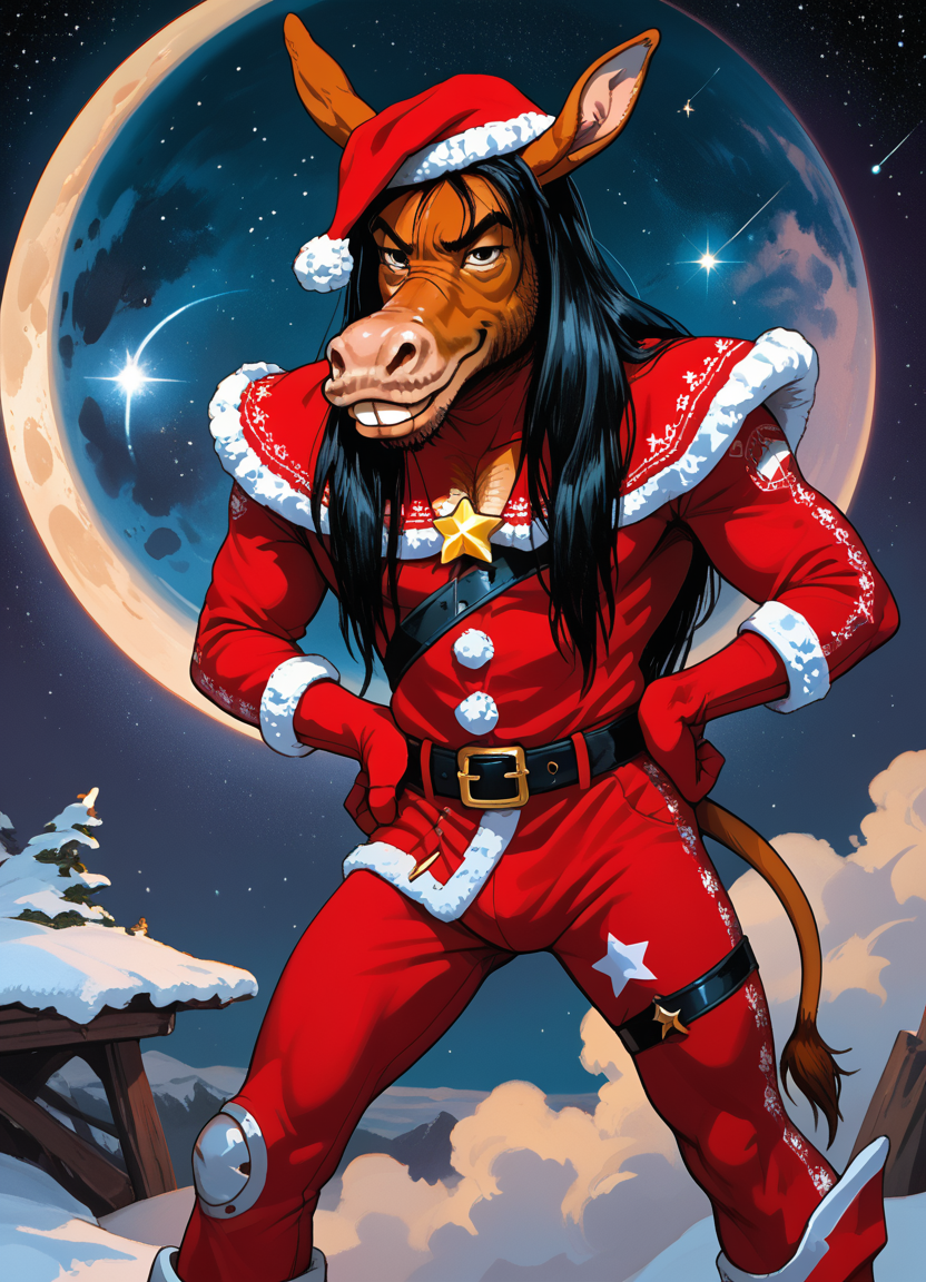 score_9, score_8_up, score_7_up, score_6_up, score_5_up, score_4_up, source_cartoon, the fonkey, 1boy, furry male, equine, animal ears, donkey, buck teeth, solo, male focus, long hair, black hair, santa hat, santa costume, red gloves, red beret, red gloves, black boots, looking at viewer, hands on own hips, space, star, sci-fi