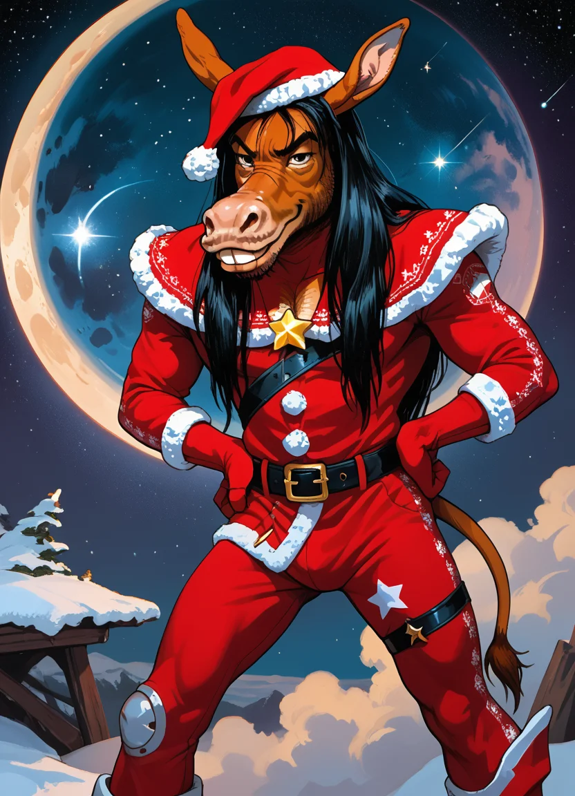 score_9, score_8_up, score_7_up, score_6_up, score_5_up, score_4_up, source_cartoon, the fonkey, 1boy, furry male, equine, animal ears, donkey, buck teeth, solo, male focus, long hair, black hair, santa hat, santa costume, red gloves, red beret, red gloves, black boots, looking at viewer, hands on own hips, space, star, sci-fi