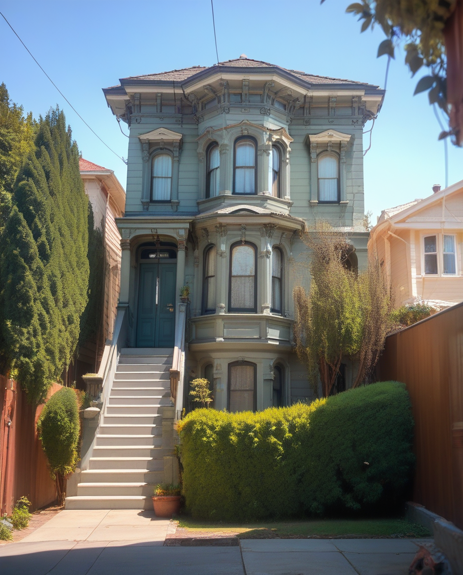 score_9,score_8_up,score_7_up, <lora:Victorian_house_pony_v2:1> v1ct0r14n, tree, 2story, bay windows, blue sky, italianate, plant, basement, garage