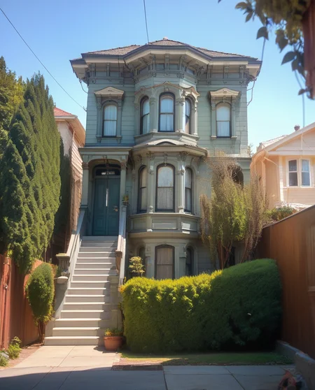 score_9,score_8_up,score_7_up, <lora:Victorian_house_pony_v2:1> v1ct0r14n, tree, 2story, bay windows, blue sky, italianate, plant, basement, garage
