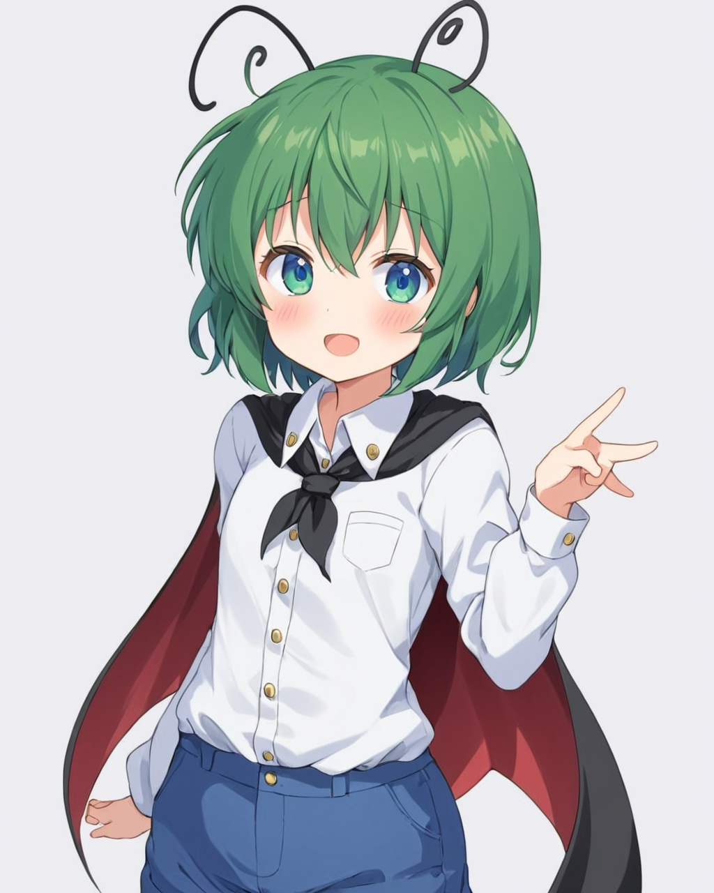 wriggle nightbug,1girl, solo, black_cape, open_mouth, white_shirt, antennae, two-sided_cape, long_sleeves, white_background, looking_at_viewer, simple_background, collared_shirt, red_cape, cowboy_shot, blush, blue_shorts, :d, pants, buttons, color_guide
<lora:wriggle_nightbug_image3698_2023-12-11-000006:1>,star-shaped_pupils,symbol-shaped_pupils,. gorgeous,key visual, vibrant, studio anime,award-winning, professional, highly detailed,high budget, cinemascope