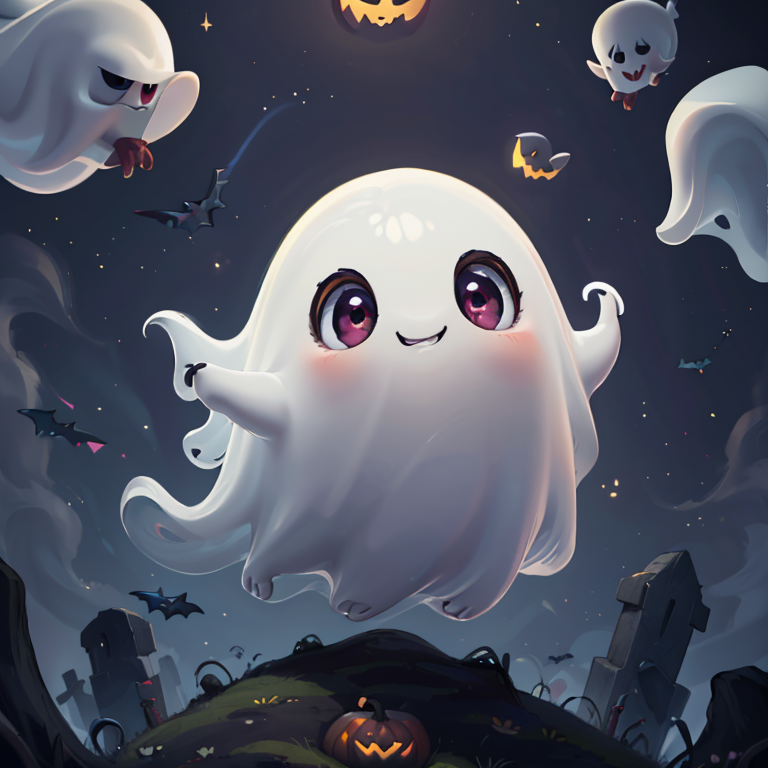 ((masterpiece,best quality)), absurdres,
<lora:Cute_Ghost_Anime:1>, Cute_Ghost, no humans, solo, ghost, floating, halloween, pokemon (creature), cute, 
solo, smiling, looking at viewer,
purple theme, graveyard in background,