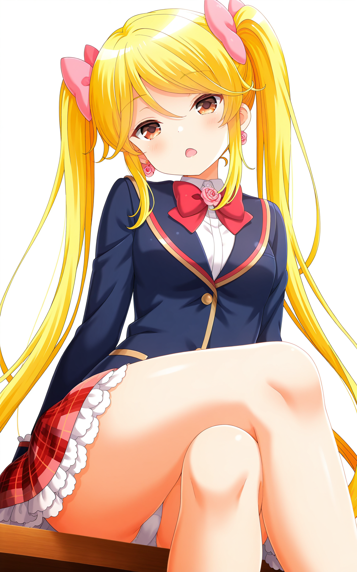 masterpiece,best quality,good quality,newest,4k,perfect lighting,cinematic,very aesthetic,official art,anime screencap,anime coloring,detailed fingers,(((white background,simple background))),
1girl,solo,tokitani koruri,blonde hair, twintails,long hair,pink hair bow, brown eyes,rose earrings,small breasts,
seio school uniform,(blue jacket:1.2),shirt shirt,collared shirt,red bowtie,red skirt,plaid skirt,frilled skirt,miniskirt,white panties,thighs,
looking at viewer,head tilt,half closed eyes,open mouth,sitting,crossed legs,arms at sides,from below,BREAK
 <lora:ILkoruri:0.8>