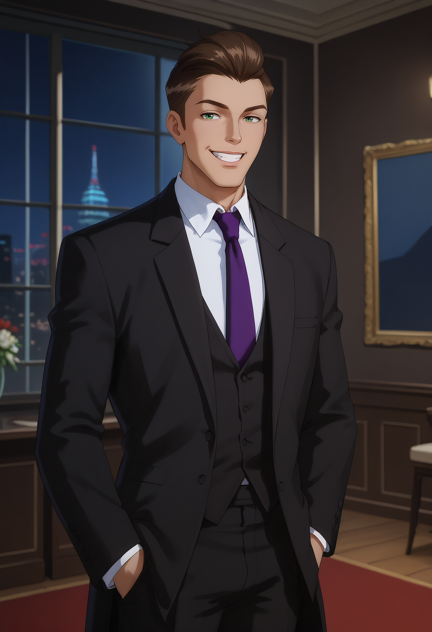 embedding:Pony\Positive\zPDXL3, score_9, score_8_up, score_7_up, 1boy, tad_ts!, green eyes, brown hair, slicked back hair, formal, black suit, purple tie, grin, elegant style, adjust tie, adjust clothes, look at viewer, best quality, high resolution, masterpiece.
