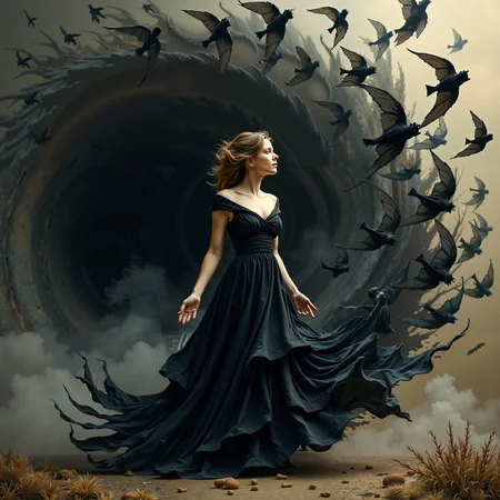 surreal scene of a woman standing at the center of a spiraling storm of black bats, her elegant gown seamlessly morphing into the bats in flight. Dress melting into the background. The composition merges serenity with motion, as the bats form a hypnotic vortex into a dark tunnel behind her. Rendered in soft black, muted grays, and dark golden hues, the image evokes a dreamlike sense of transformation, peace, and otherworldly beauty. The visual flow and symbolism suggest themes of inner liberation, grace, and transcendence