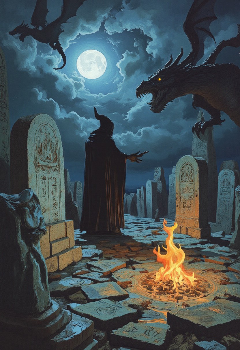 comic art by Mike Allred, 
style of Ted Nasmith, 
Ancient sorcerer casting spells in a forgotten graveyard, the tombs bathed in the ghostly glow of moonlight. Ethereal flames flicker along the intricate runes on the ground, casting long, dramatic shadows across the scene. Above, the sky swirls with spectral dragons soaring amidst clouds, rendered with the high contrast and vibrant colors typical of 80s fantasy films, complete with lens flares and a grainy, filmic texture.
, masterpiece,
art by torikun, SentinelBot, OBxiaoxiang