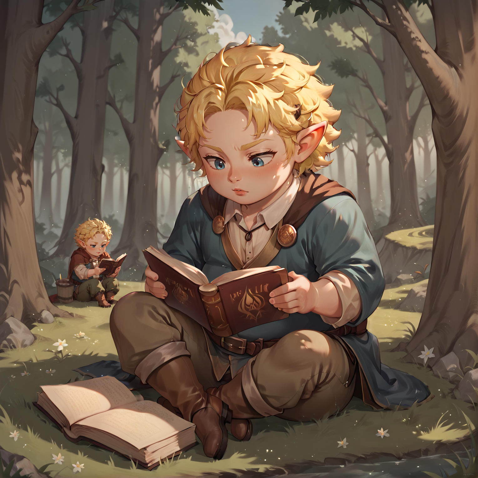 1boy, blonde hair, sitting, reading, fully clothed, homespun clothes, forest, pointy ears, <lora:Halflings_Pony_XL:1>, short, chubby, halflings, hobbits, BREAK score_9, score_8_up, score_7_up, best quality, masterpiece, 4k, prefect lighting, very aesthetic, anime, zPDXL2, <lora:IriaStylePony:0.8>, IRIaStyle, chibi