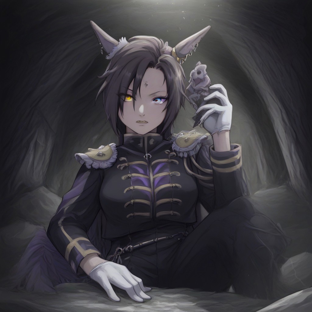 (Naruto_Manda, hybrid snake human, horse tail, sharp teeth, horse ears, ear ornament, single ear cover, horns, heterochromia, purple eyes, yellow eyes, black jacket, epaulettes, aiguillette, long sleeves, white gloves, black pants, eyebrow piercing, ear piercing,((1girl ,1women)) , female,  ),purple religious tunic, sleeves, hood, scaly skin, , green eyes, reptile eyes, inside cave, human bones on floor, jewelry, holding human skull, airshakurprime, low wings,