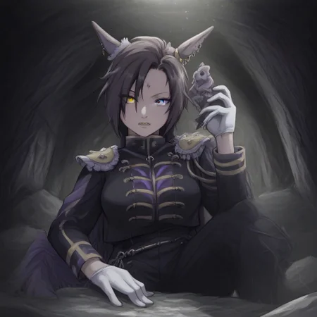 (Naruto_Manda, hybrid snake human, horse tail, sharp teeth, horse ears, ear ornament, single ear cover, horns, heterochromia, purple eyes, yellow eyes, black jacket, epaulettes, aiguillette, long sleeves, white gloves, black pants, eyebrow piercing, ear piercing,((1girl ,1women)) , female, ),purple religious tunic, sleeves, hood, scaly skin, , green eyes, reptile eyes, inside cave, human bones on floor, jewelry, holding human skull, airshakurprime, low wings,