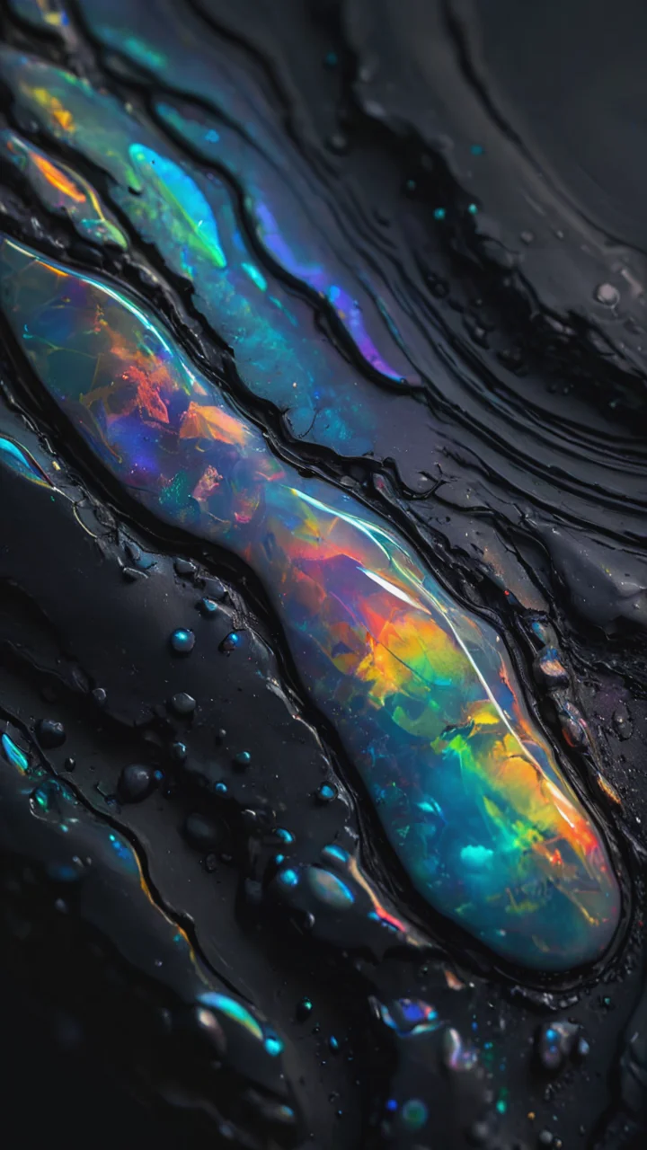 Iridescent opal style, macro, concept art, masterpiece, fulcolor, dark noir, muffled light, realistic, soft shadows, best quality, hyper detailed, 4k.